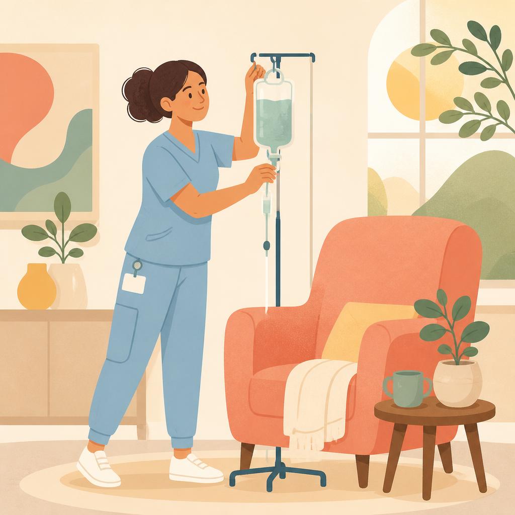 A nurse setting up an IV drip beside a cozy armchair at home